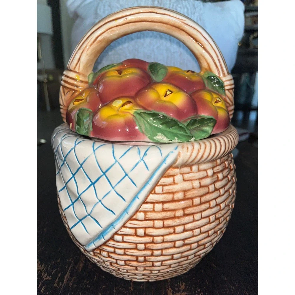 Vintage Ceramic Apple Basket Cookie Jar Farmhouse Kitchen Decor Hand Painted